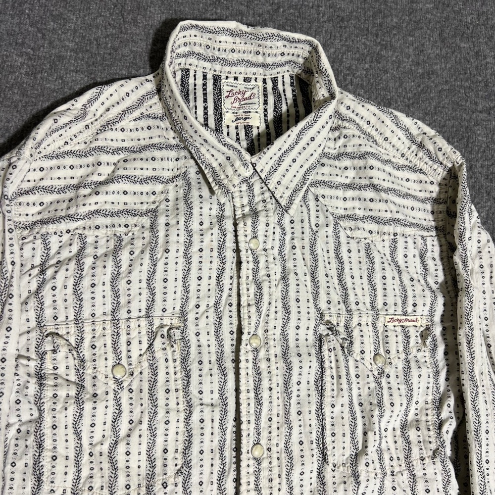 Lucky Brand Mens Large Pearl Snap Western Shirt Black White Stripe Long Sleeve